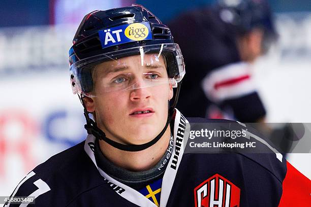 Henrik Tornqvist during warm up before the Champions Hockey League round of 16 second leg game between Linkoping HC and Sparta Prague at Saab Arena...