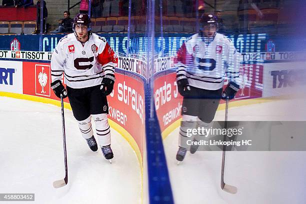 Lukas Klimek during warm up before the Champions Hockey League round of 16 second leg game between Linkoping HC and Sparta Prague at Saab Arena on...