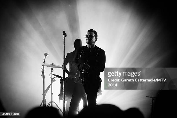 An alternative view of Bono of U2 during the MTV EMA's at The Hydro on November 9, 2014 in Glasgow, Scotland.