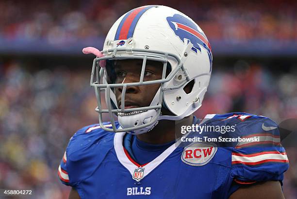 Cyrus Kouandjio of the Buffalo Bills looks on during NFL game action against the Kansas City Chiefs at Ralph Wilson Stadium on November 9, 2014 in...