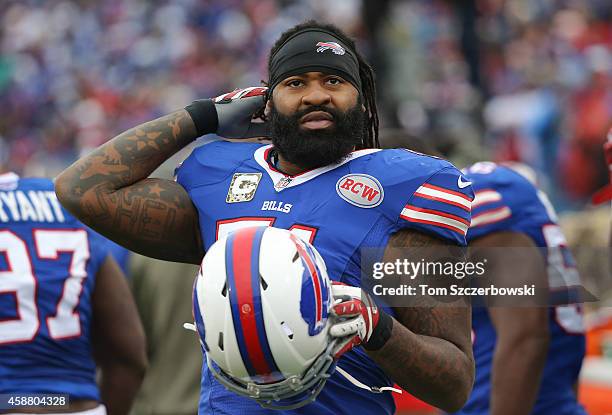 Brandon Spikes of the Buffalo Bills during NFL game action against the Kansas City Chiefs at Ralph Wilson Stadium on November 9, 2014 in Orchard...