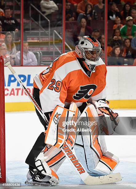 Ray Emery of the Philadelphia Flyers in action against the Los Angeles Kings during their game at the Wells Fargo Center on October 28, 2014 in...