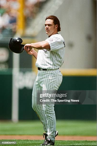 Dante Bichette of the Colorado Rockies looks on against the Arizona Diamondbacks at Coors Field on May 22, 1999 in Denver, Colorado.