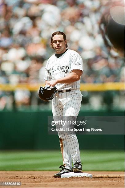 Dante Bichette of the Colorado Rockies looks on against the Arizona Diamondbacks at Coors Field on May 22, 1999 in Denver, Colorado.