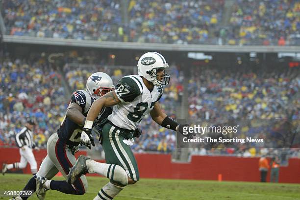 Laveranues Coles of the New York Jets in action during a game against the New England Patriots on November 12, 2006 at Gillette Stadium in...