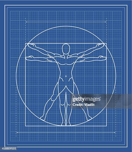 ilustraciones, imágenes clip art, dibujos animados e iconos de stock de el hombre de vitruvio cianotipo - leonardo da vinci