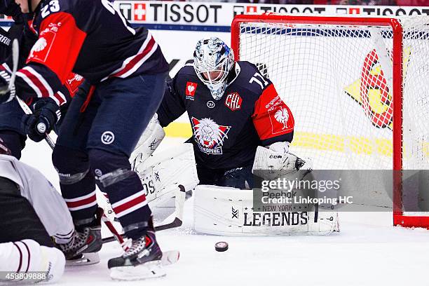 David Rautio makes a save during Champions Hockey League round of 16 second leg game between Linkoping HC and Sparta Prague at Saab Arena on November...