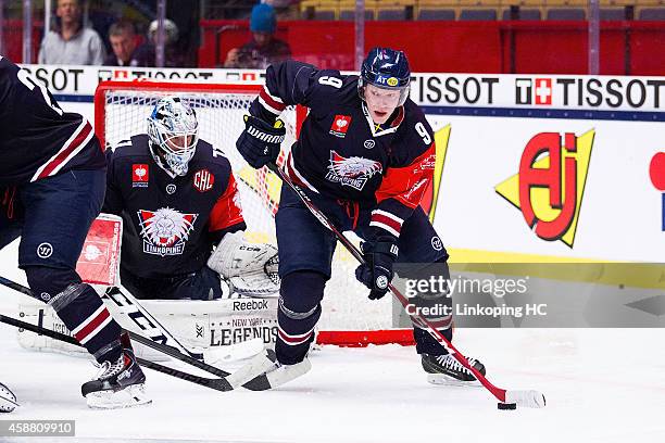 Anton Karlsson controls the puck during the Champions Hockey League round of 16 second leg game between Linkoping HC and Sparta Prague at Saab Arena...