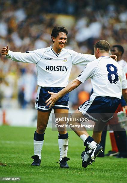 Spurs goalscorers Gary Lineker and Paul Gascoigne celebrate after the 1991 FA Cup semi final between Tottenham Hotspur and Arsenal at wembley stadium...
