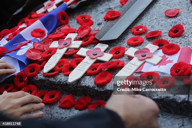 People lay poppies on the Tomb of the Unknown Soldier after this morning's Remembrance Day ceremony, November 11, 2014 in Ottawa, Canada. An...