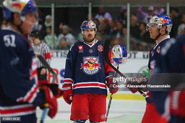 Troy Milam of Salzburg reacts during the Champions Hockey League Play-Off Round of 16 game between Red Bull Salzburg and Lulea Hockey at Eisarena...