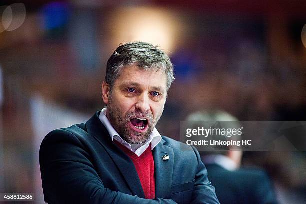 Josef Jandac, head coach for Sparta Prague reacts during the Champions Hockey League round of 16 second leg game between Linkoping HC and Sparta...