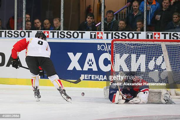Johan Forsberg of Lulea scores the winning goal against Bernd Bruckler, goalie of Salszburg in the penalty shot out after the Champions Hockey League...