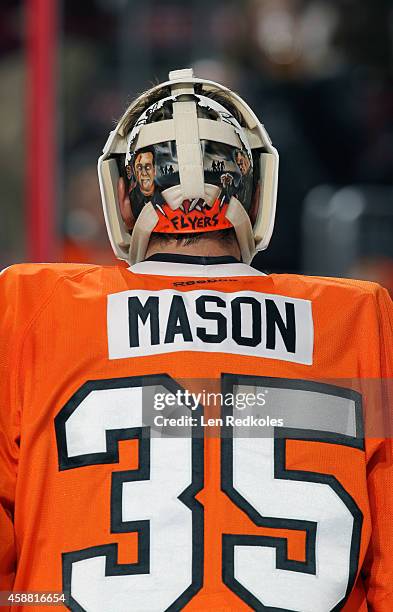 View of Steve Mason of the Philadelphia Flyers during his game against the Florida Panthers on November 6, 2014 at the Wells Fargo Center in...