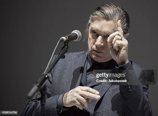 Blixa Bargeld of the German band Einstuerzende Neubauten performs live during a concert at the Tempodrom on November 11, 2014 in Berlin, Germany.