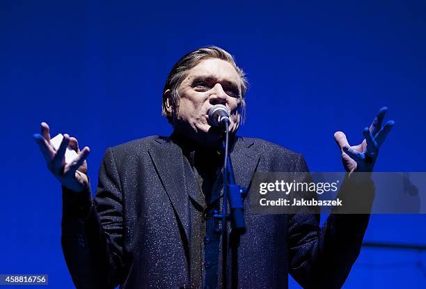 Blixa Bargeld of the German band Einstuerzende Neubauten performs live during a concert at the Tempodrom on November 11, 2014 in Berlin, Germany.