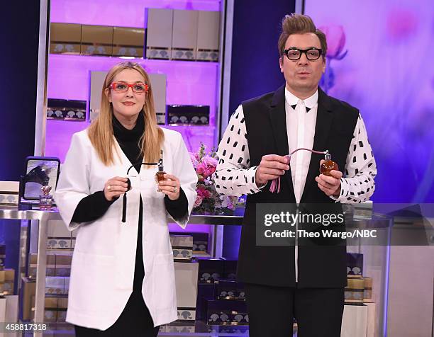 Drew Barrymore and Jimmy Fallon perform a skit "Wanna Spratz" during a taping of "The Tonight Show Starring Jimmy Fallon" at Rockefeller Center on...