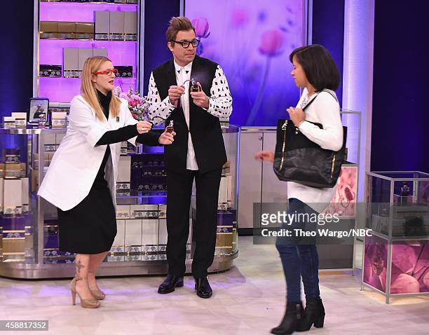 Drew Barrymore and Jimmy Fallon perform a skit "Wanna Spratz" during a taping of "The Tonight Show Starring Jimmy Fallon" at Rockefeller Center on...
