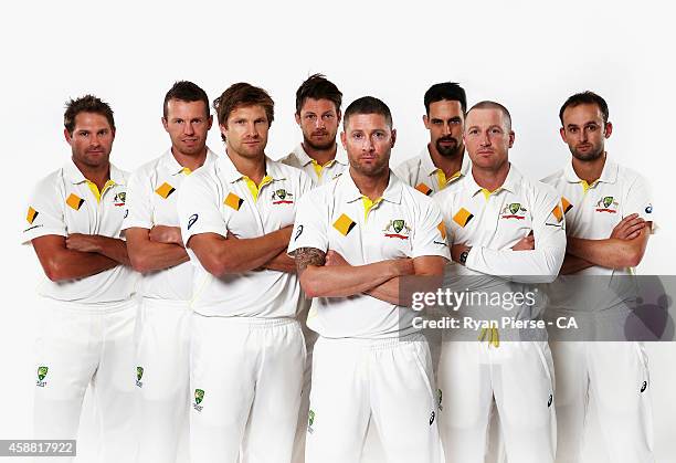 Ryan Harris, Peter Siddle, Shane Watson, James Pattinson, Michael Clarke, Mitchell Johnson, Brad Haddin and Nathan Lyon of Australia pose on August...
