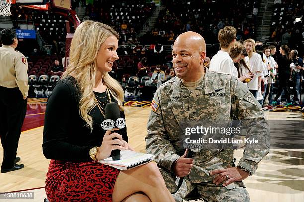 Fox Sports Broadcaster Allie Clifton interviews a United States Soldier before a game between the New Orleans Pelicans and Cleveland Cavaliers on...