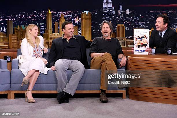 Episode 0160 -- Pictured: Actress Drew Barrymore, Bobby Farrelly and Peter Farrelly during an interview with host Jimmy Fallon on November 11, 2014 --