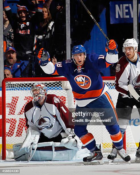 Ryan Strome of the New York Islanders celebrates his goal at 8:01 of the third period against Semyon Varlamov of the Colorado Avalanche at the Nassau...