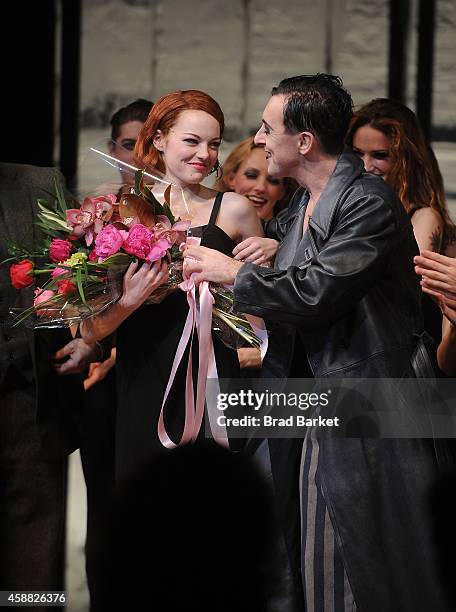 Emma Stone and Alan Cumming onstage during Emma Stone's debut performance in Broadway's "Cabaret" at Roundabout Theatre Company's Studio 54 on...
