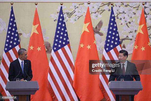 President Barack Obama and Chinese President Xi Jinping attend a press conference at the Great Hall of People on November 12, 2014 in Beijing, China....