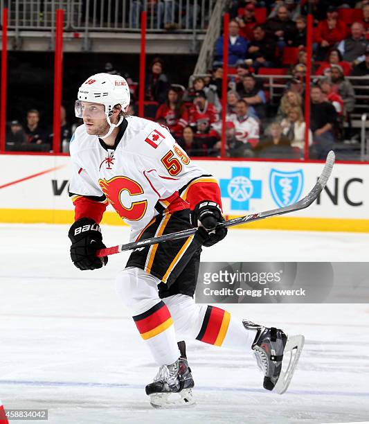Max Reinhart of the Calgary Flames skates for position on the ice during their NHL game against the Carolina Hurricanes at PNC Arena on November 10,...