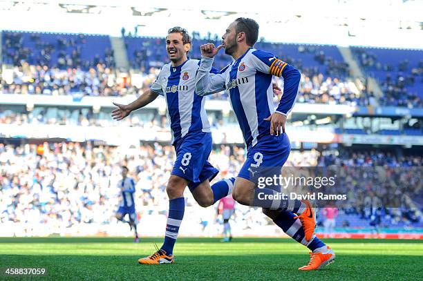 Sergio Garcia of RCD Espanyol celebrates after scoring the opening goal from the penalty spot during the La Liga match between RCD Espanyol and Real...