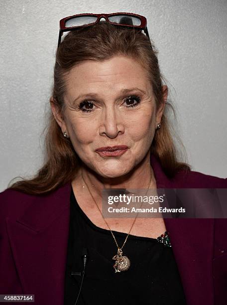 Actress Carrie Fisher attends the Live Talks Los Angeles Ruby Wax In Conversation With Carrie Fisher event at the Aero Theatre on November 11, 2014...