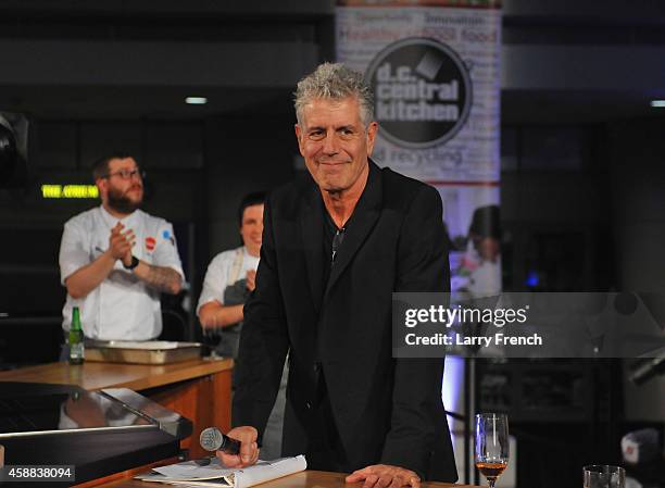 Host Athony Bourdain speaks on stage during the DC Central Kitchen's Capital Food Fight event at Ronald Reagan Building on November 11, 2014 in...