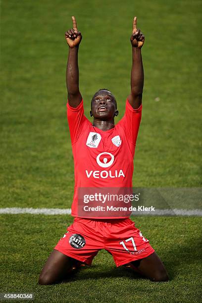 Awer Mabil of United celebrates after scoring a goal during the FFA Cup match between Adelaide United and Central Coast Mariners at Coopers Stadium...