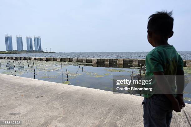 Boy looks out towards the Regatta residential project, developed by PT Intiland Development, while standing behind a low sea wall in the Muara Baru...