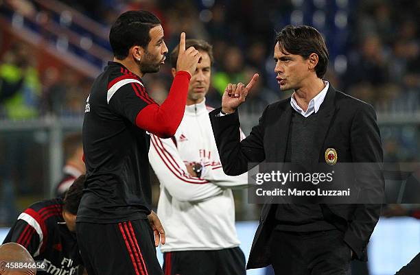 Milan coach Filippo Inzaghi issues instructions to his player Adil Rami during the warmup before the Serie A match between UC Sampdoria and AC Milan...