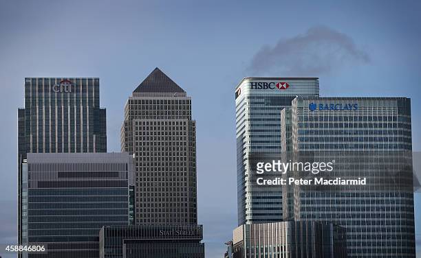 Citibank, Barclays and HSBC headquarters buildings at Canary Wharf on November 12, 2014 in London, England. Five banks have been fined £2 billion by...