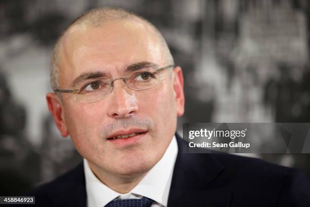 Mikhail Khodorkovsky, the former Yukos oil company chairman who was charged with embezzlement and tax evasion, speaks to the media at his first press...