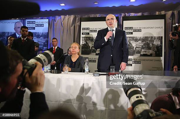 Mikhail Khodorkovsky, the former Yukos oil company chairman who was charged with embezzlement and tax evasion, speaks to the media at his first press...