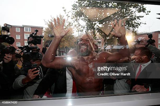 Shannon Briggs gestures during the official Public Training Session ahead of the IBF, WBA, WBO and IBO World Championship fight between Wladimir...