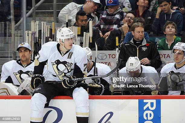 Evgeni Malkin of the Pittsburgh Penguins sits on the boards as he awaits his turn during the shootout against the Winnipeg Jets on November 6, 2014...