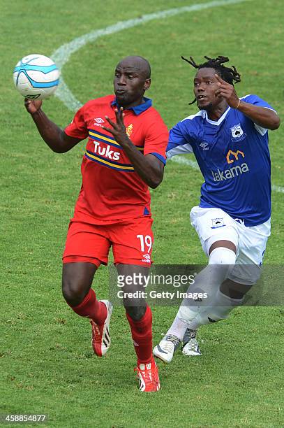 Geofrey Massa of Tuks and Mbulelo Mabizela of Aces during the Absa Premiership match between University of Pretoria and Black Aces at Tuks Stadium on...