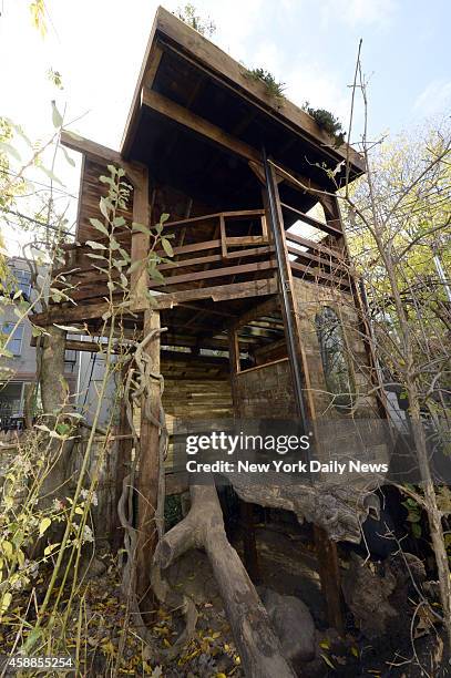 Gennaro Brooks-Church built a two-story tree house in his backyard for his three percosious children in the backyard of his 2nd Street home in Cobble...