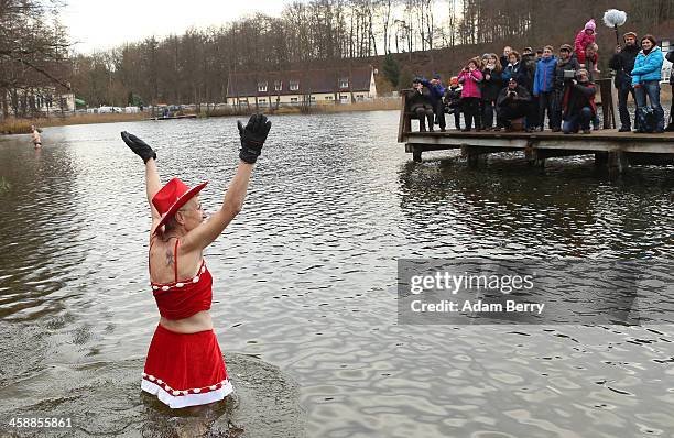 An ice swimmer waves to visitors in the Obersee in Lanke, about 50 kilometers north of Berlin on December 22, 2013 in Lanke, Germany. The swimmers,...