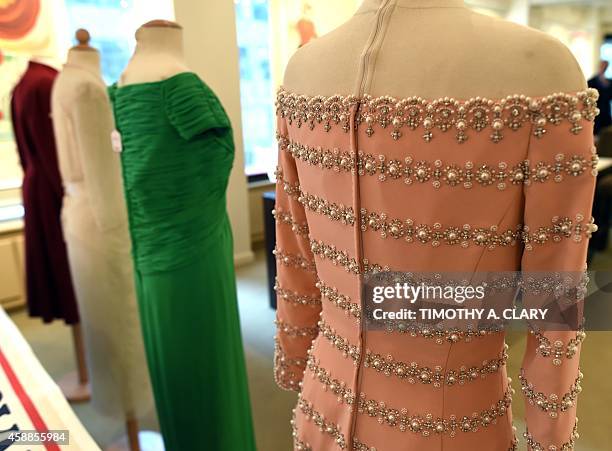 Four dresses that belonged to Her Royal Highness, Diana, Princess of Wales are displayed during a one day media preview at the Ross Art Gallery in...