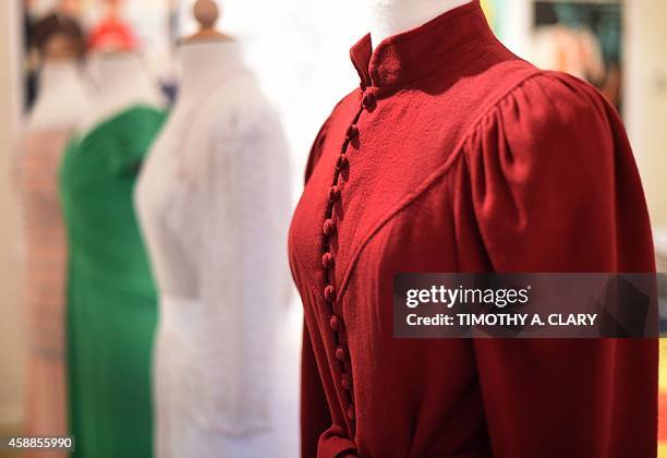 One of four dresses that belonged to Her Royal Highness, Diana, Princess of Wales is displayed during a one day media preview at the Ross Art Gallery...