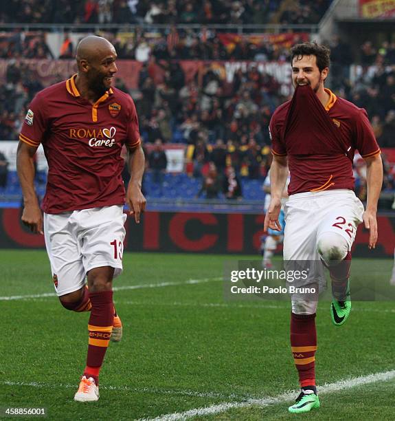 Mattia Destro with his teammate Maicon of AS Roma celebrates after scoring the second team's goal during the Serie A match between AS Roma and Calcio...
