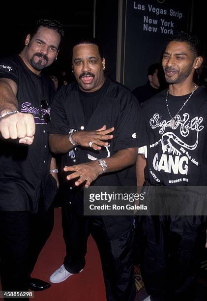 Michael "Wonder Mike" Wright, Henry "Big Bank Hank" Jackson and Guy "Master Gee" O'Brien of the Sugarhill Gang at the Ninth Annual Billboard Music...