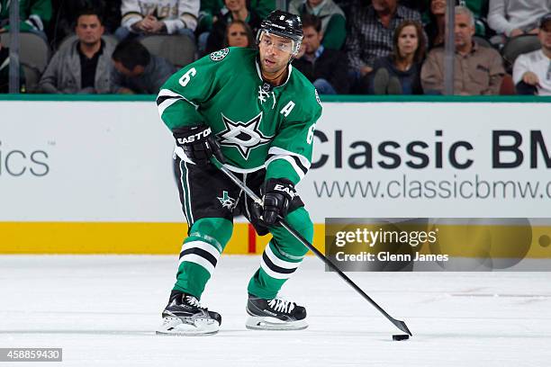 Trevor Daley of the Dallas Stars handles the puck against the Nashville Predators at the American Airlines Center on November 6, 2014 in Dallas,...