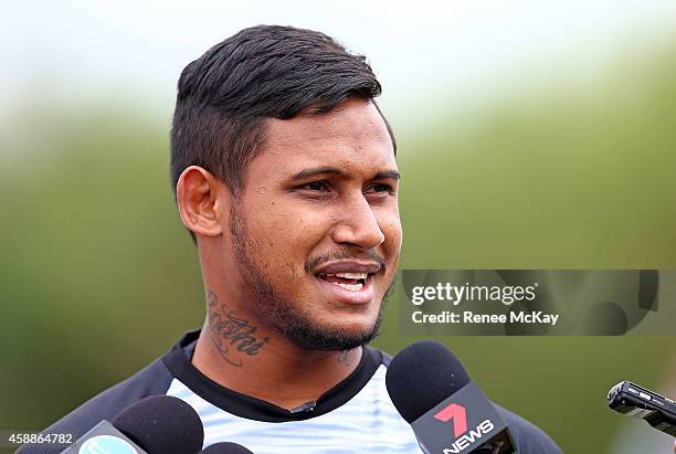 Ben Barba talks to the media during a Cronulla Sharks NRL training session at Remondis Stadium on November 13, 2014 in Sydney, Australia.