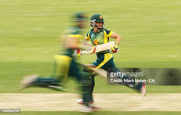 Nicole Bolton of Australia runs between wickets during game two of the women's international one day series between Australia and the West Indies at...
